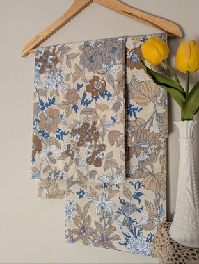 Pillowcases VTG Set 2 Floral Cotton Blue & Tan Print Retro 1960s Standard